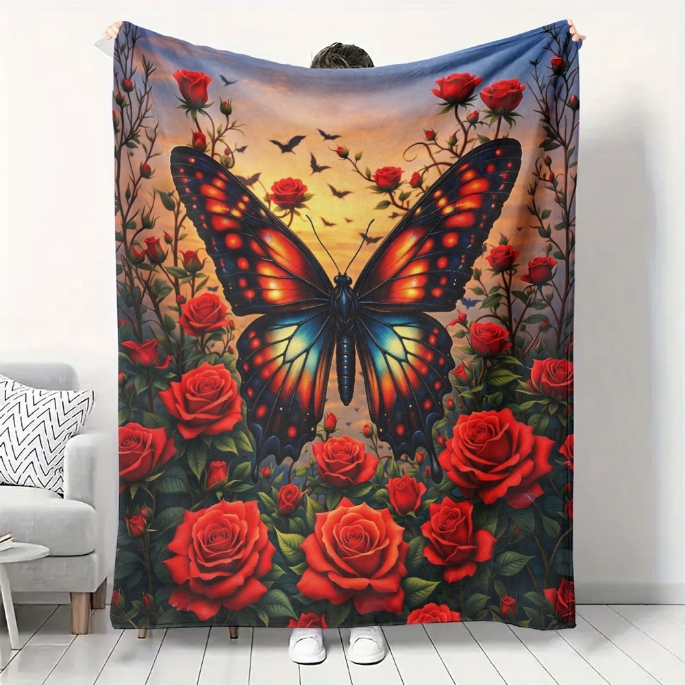 NEW Butterfly Red Rose Plush Throw Blanket Cozy Floral Gothic Home Decor